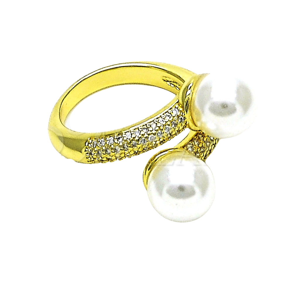 Oro Laminado Multi Stone Ring, Gold Filled Style with White Micro Pave and Ivory Pearl, Polished, Golden Finish