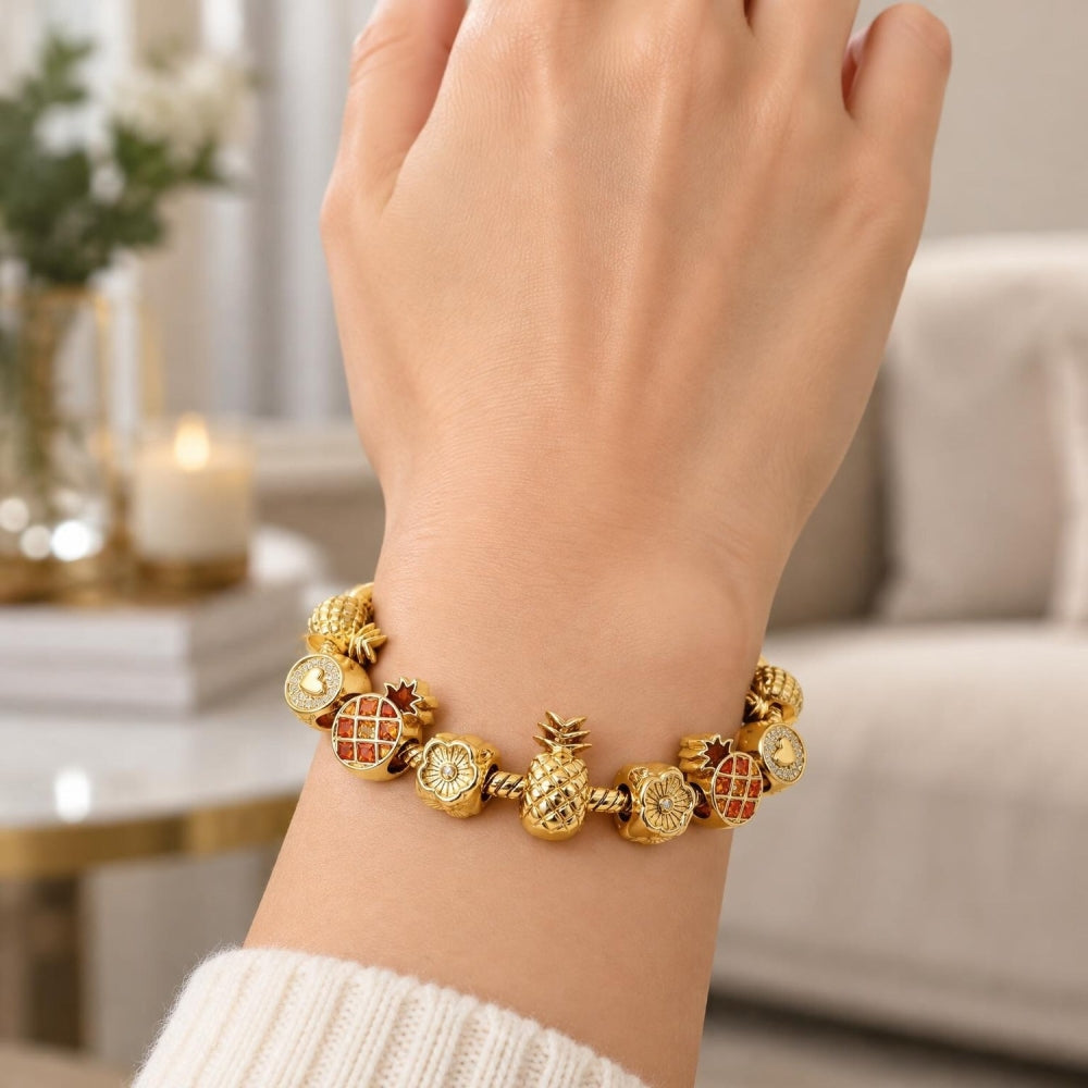 Oro Laminado Fancy Bracelet, Gold Filled Style Pineapple and Flower Design, Polished, Golden Finish