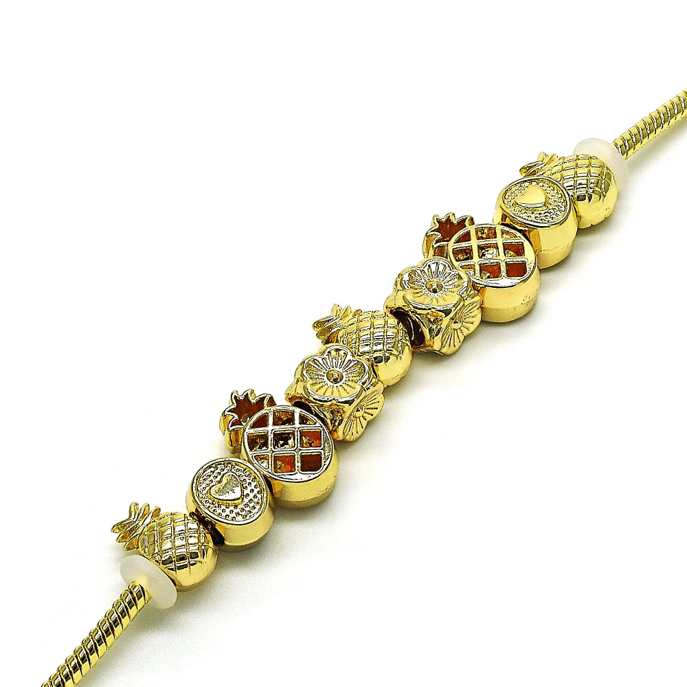 Oro Laminado Fancy Bracelet, Gold Filled Style Pineapple and Flower Design, Polished, Golden Finish