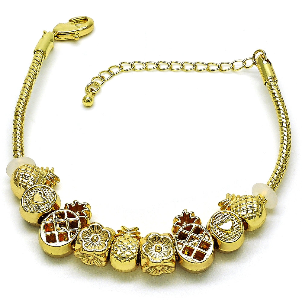 Oro Laminado Fancy Bracelet, Gold Filled Style Pineapple and Flower Design, Polished, Golden Finish