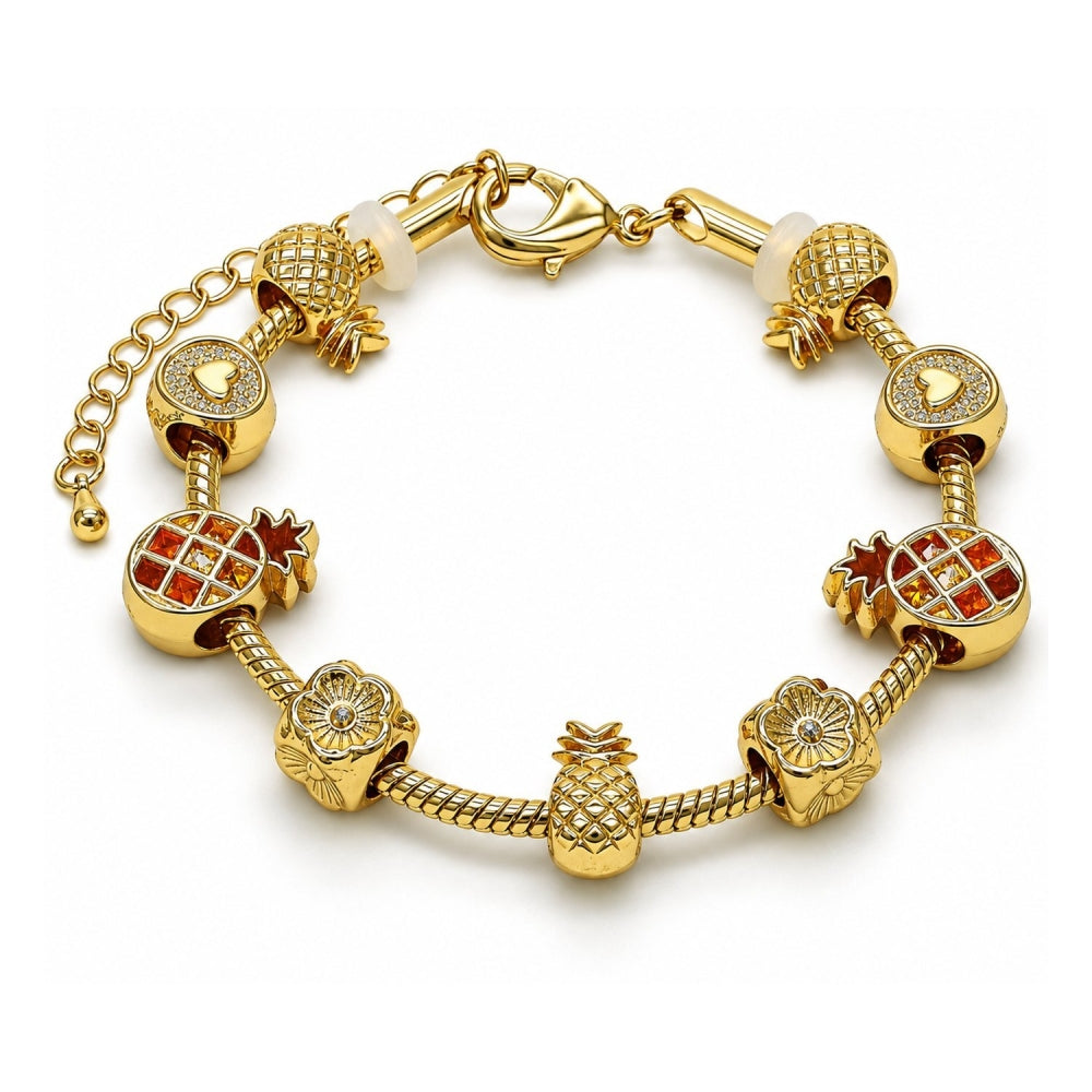 Oro Laminado Fancy Bracelet, Gold Filled Style Pineapple and Flower Design, Polished, Golden Finish