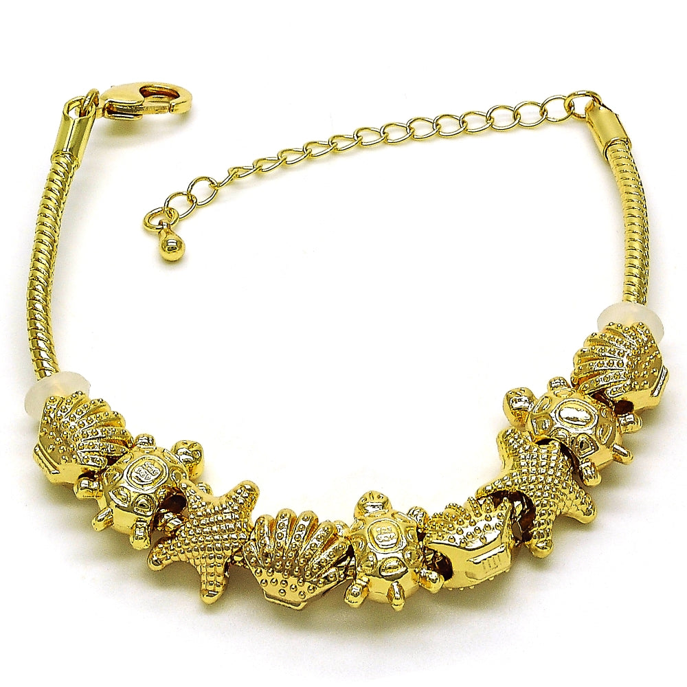 Oro Laminado Fancy Bracelet, Gold Filled Style Turtle and Shell Design, Polished, Golden Finish