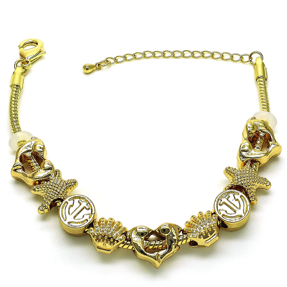 Oro Laminado Fancy Bracelet, Gold Filled Style Dolphin and Shell Design, Polished, Golden Finish