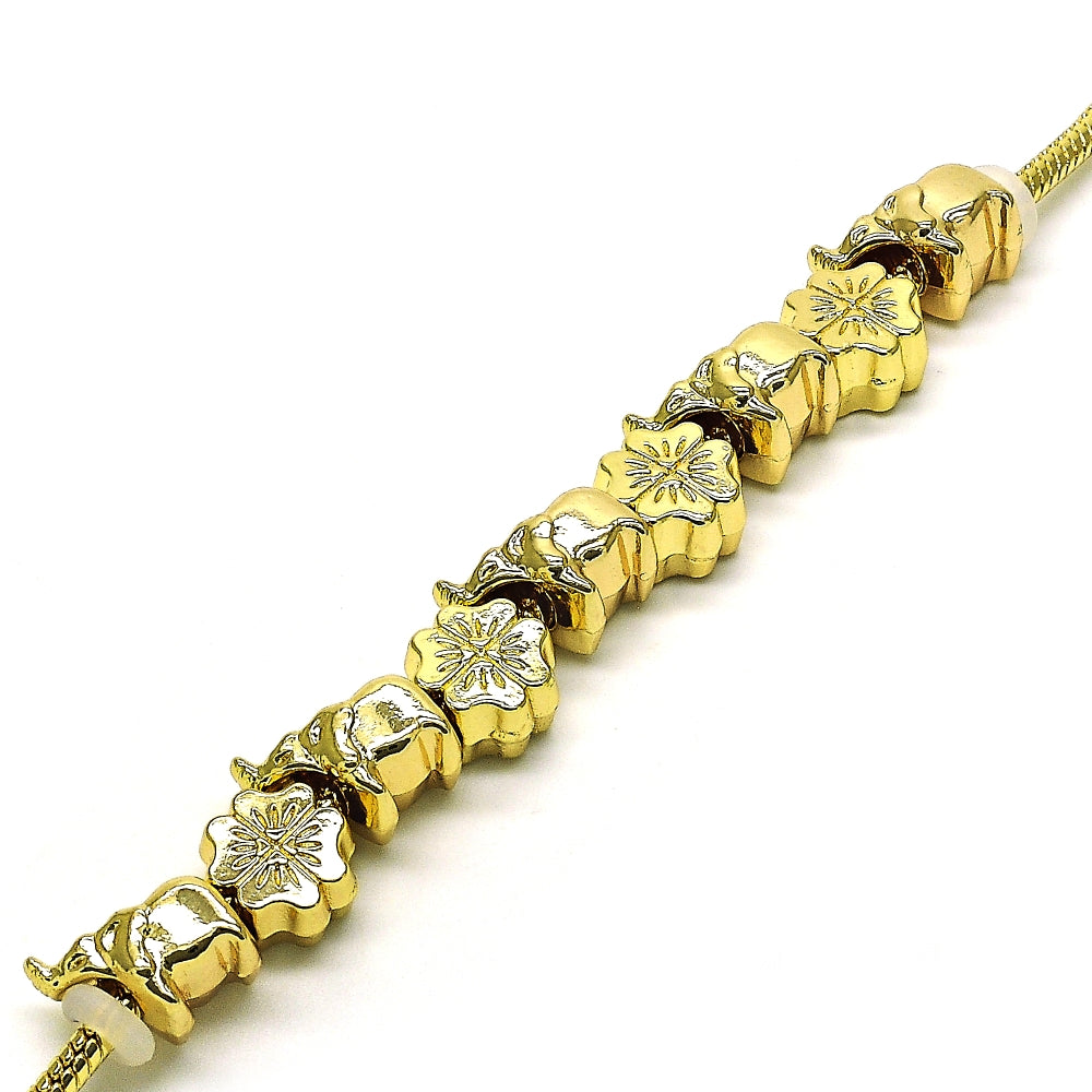 Oro Laminado Fancy Bracelet, Gold Filled Style Elephant and Four-leaf Clover Design, Polished, Golden Finish