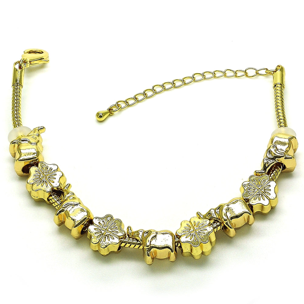 Oro Laminado Fancy Bracelet, Gold Filled Style Elephant and Four-leaf Clover Design, Polished, Golden Finish