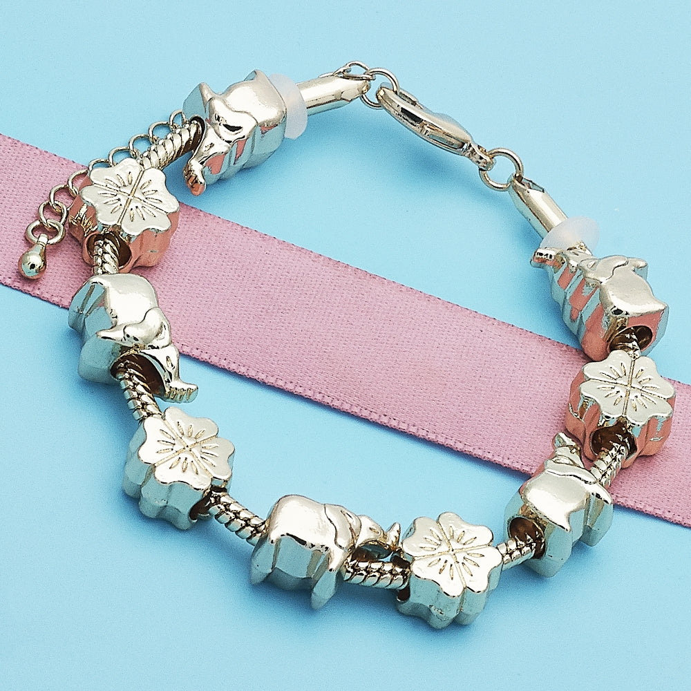 Oro Laminado Fancy Bracelet, Gold Filled Style Elephant and Four-leaf Clover Design, Polished, Golden Finish
