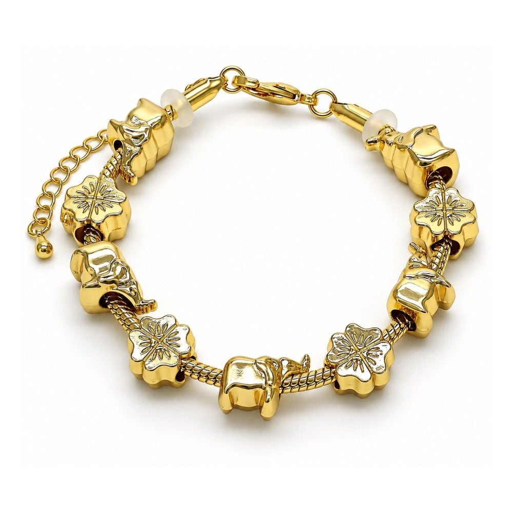 Oro Laminado Fancy Bracelet, Gold Filled Style Elephant and Four-leaf Clover Design, Polished, Golden Finish