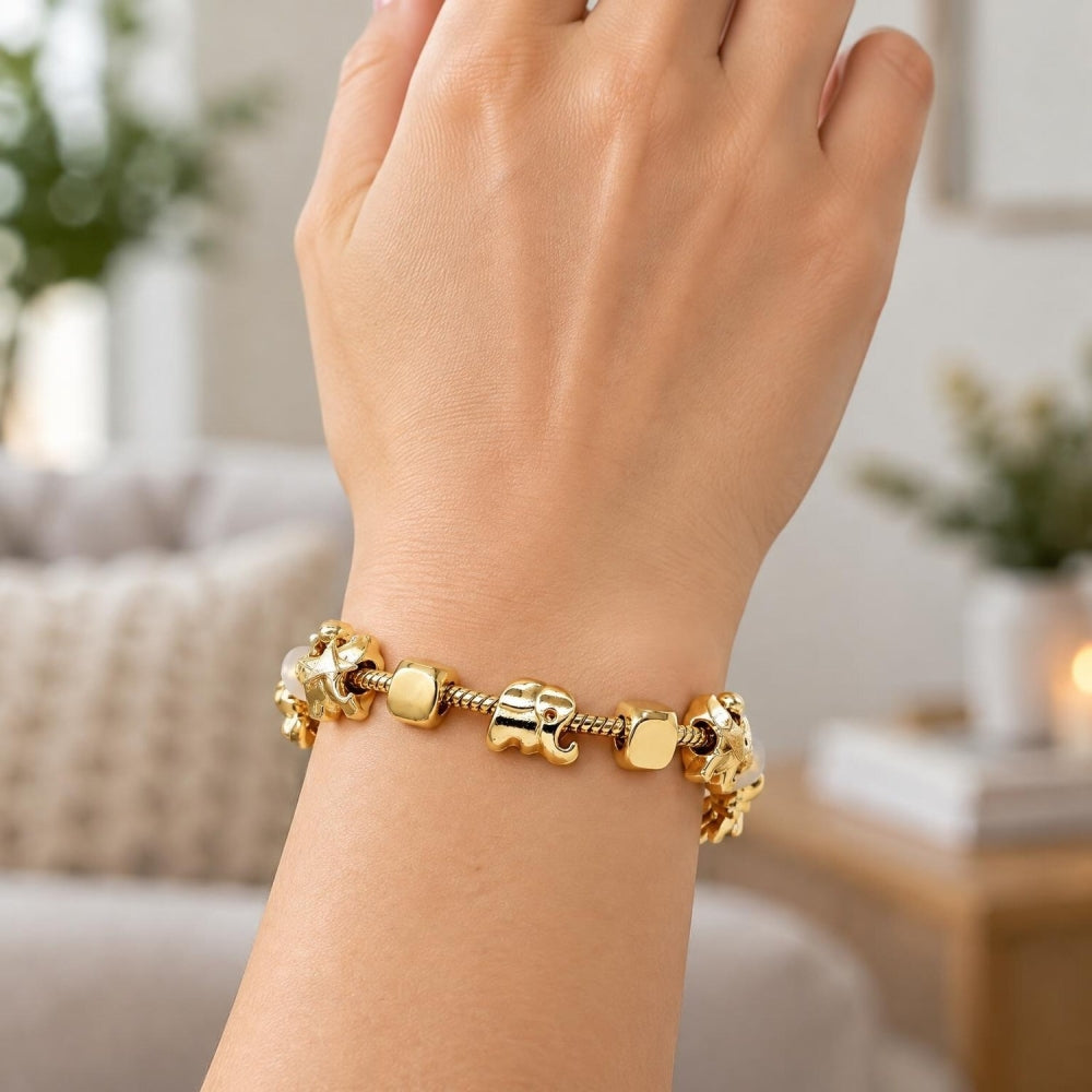 Oro Laminado Fancy Bracelet, Gold Filled Style Elephant and Little Girl Design, Polished, Golden Finish