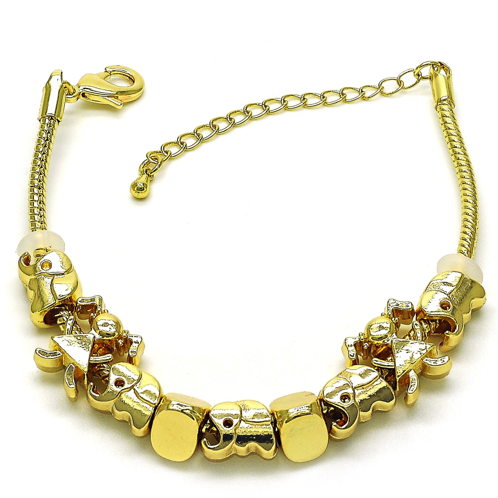 Oro Laminado Fancy Bracelet, Gold Filled Style Elephant and Little Girl Design, Polished, Golden Finish