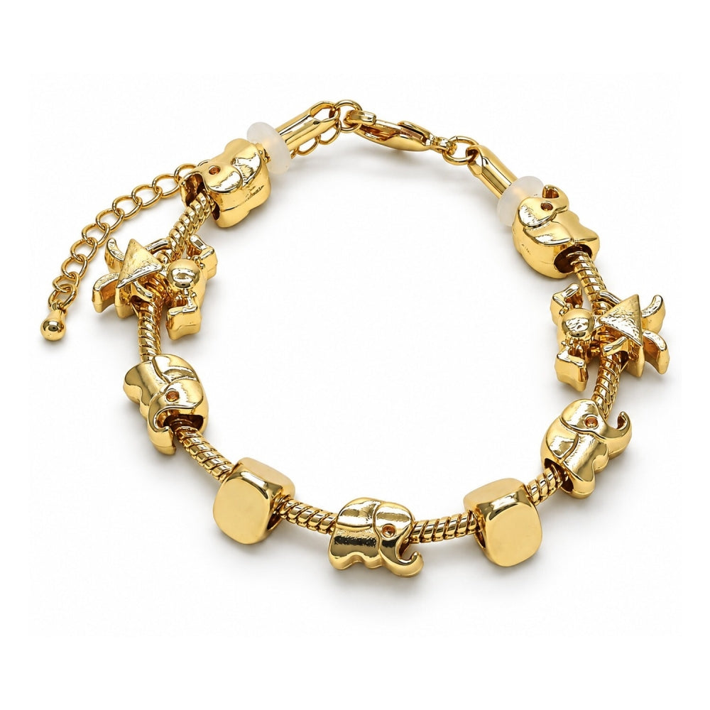 Oro Laminado Fancy Bracelet, Gold Filled Style Elephant and Little Girl Design, Polished, Golden Finish