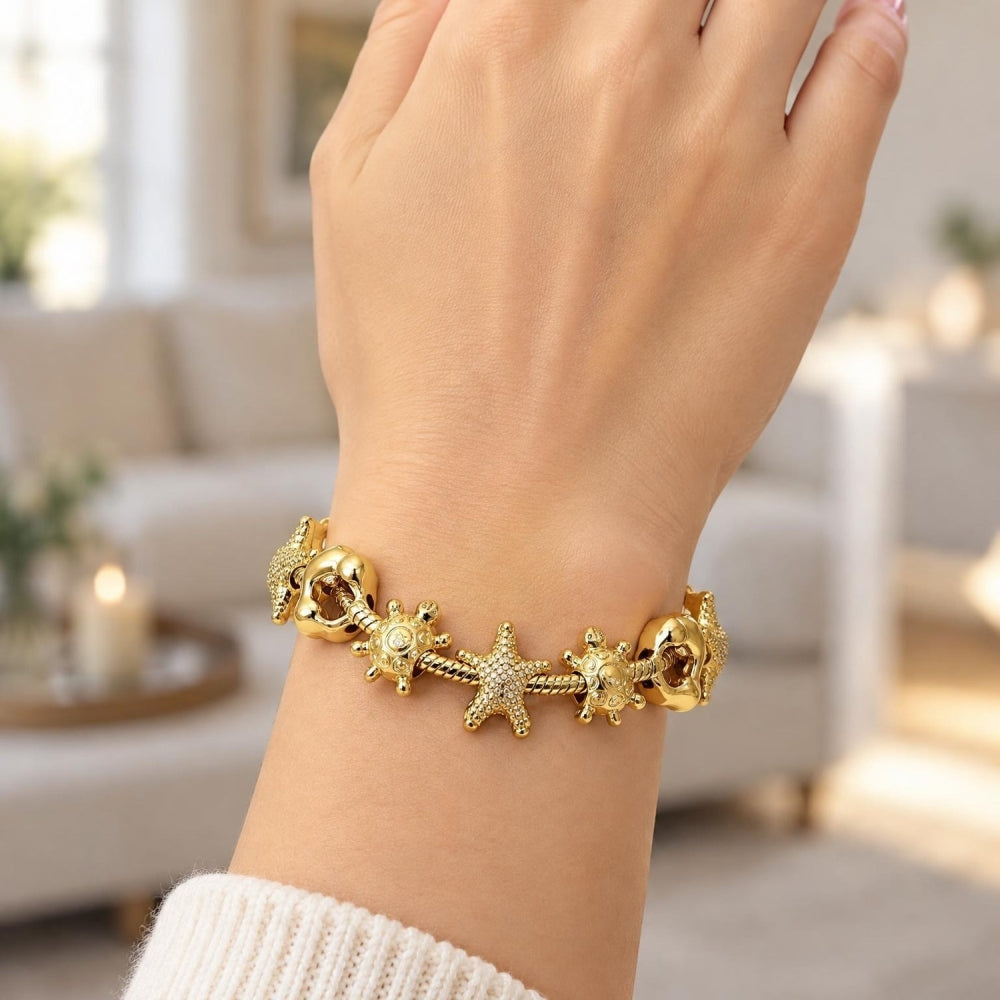 Oro Laminado Fancy Bracelet, Gold Filled Style Star and Turtle Design, Polished, Golden Finish