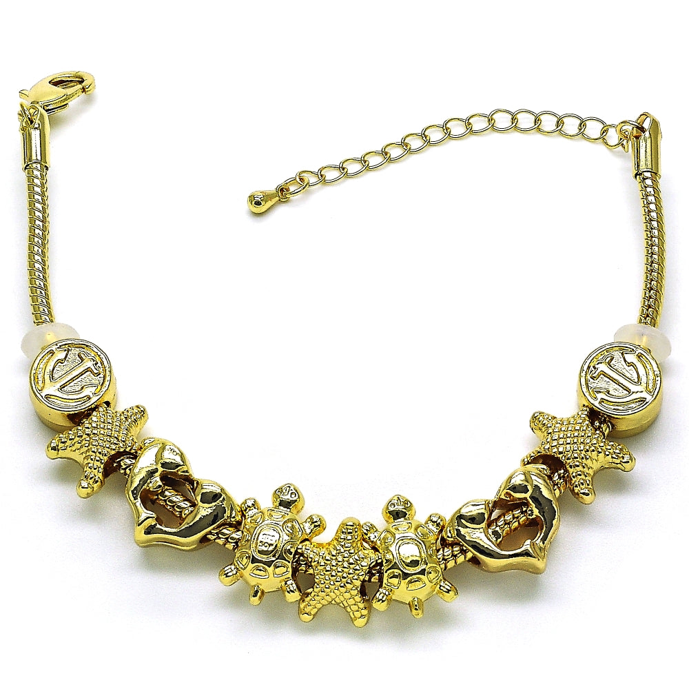 Oro Laminado Fancy Bracelet, Gold Filled Style Star and Turtle Design, Polished, Golden Finish