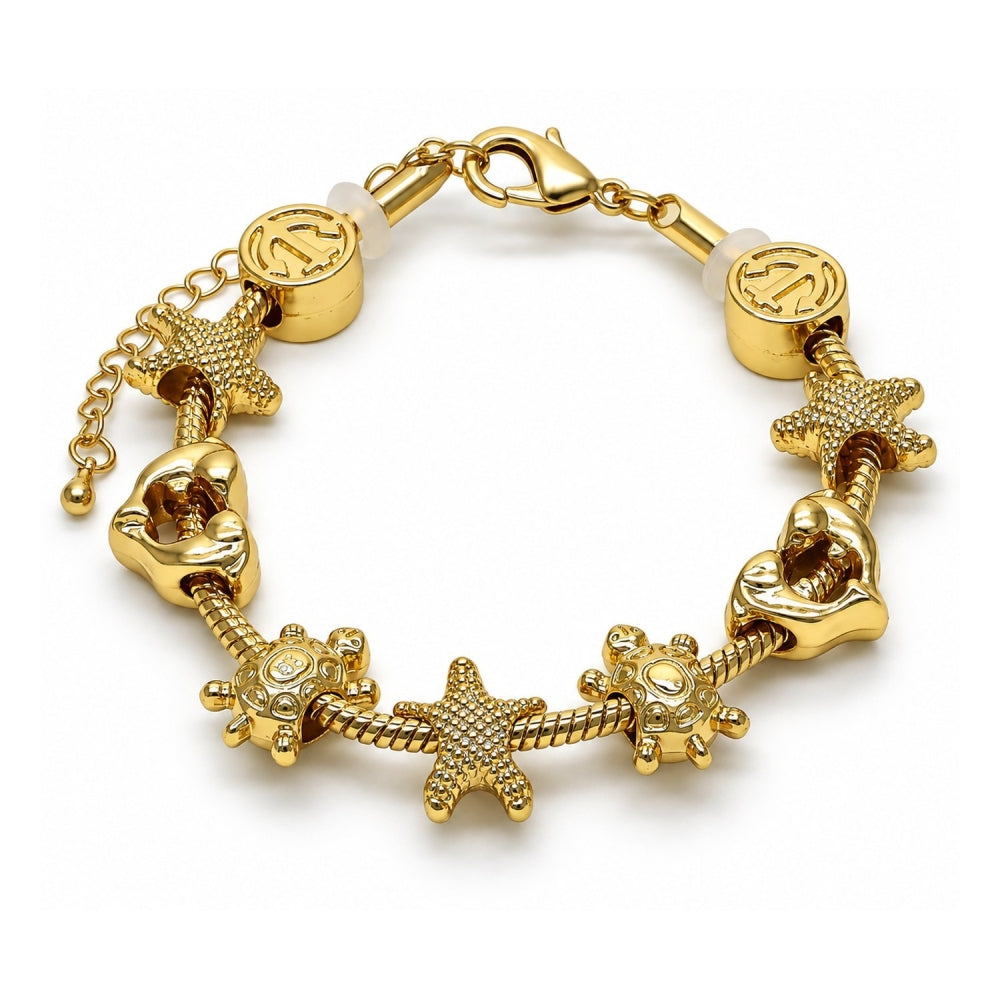 Oro Laminado Fancy Bracelet, Gold Filled Style Star and Turtle Design, Polished, Golden Finish