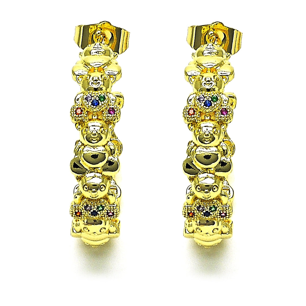 Oro Laminado Medium Hoop, Gold Filled Style Teddy Bear Design, with Multicolor Micro Pave, Polished, Golden Finish