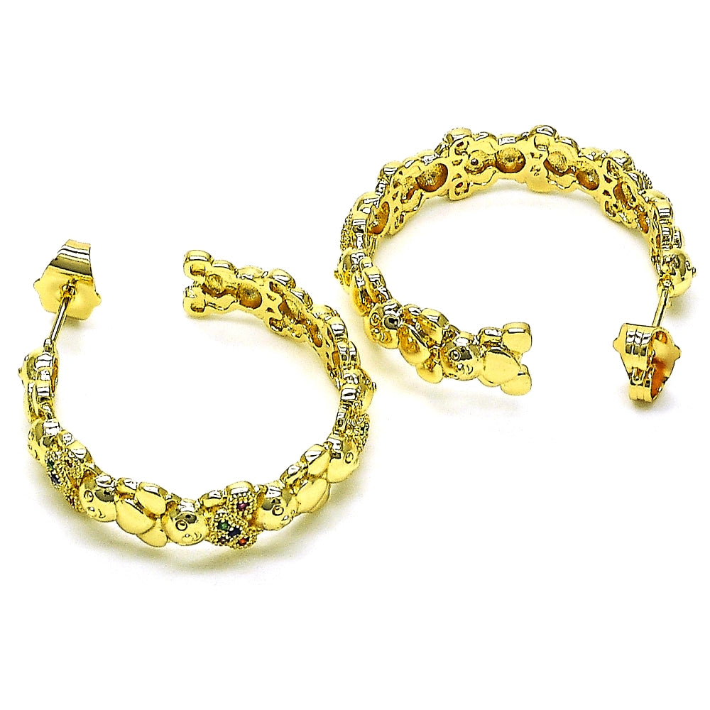 Oro Laminado Medium Hoop, Gold Filled Style Teddy Bear Design, with Multicolor Micro Pave, Polished, Golden Finish