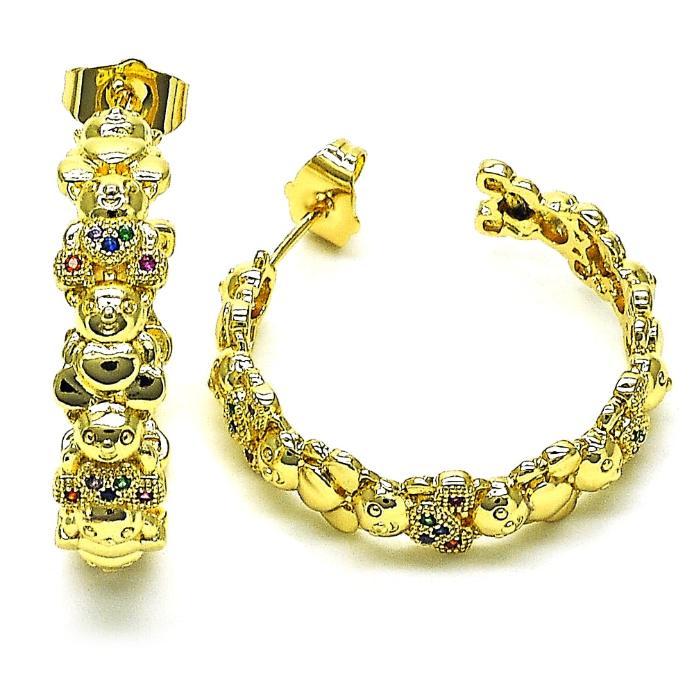 Oro Laminado Medium Hoop, Gold Filled Style Teddy Bear Design, with Multicolor Micro Pave, Polished, Golden Finish