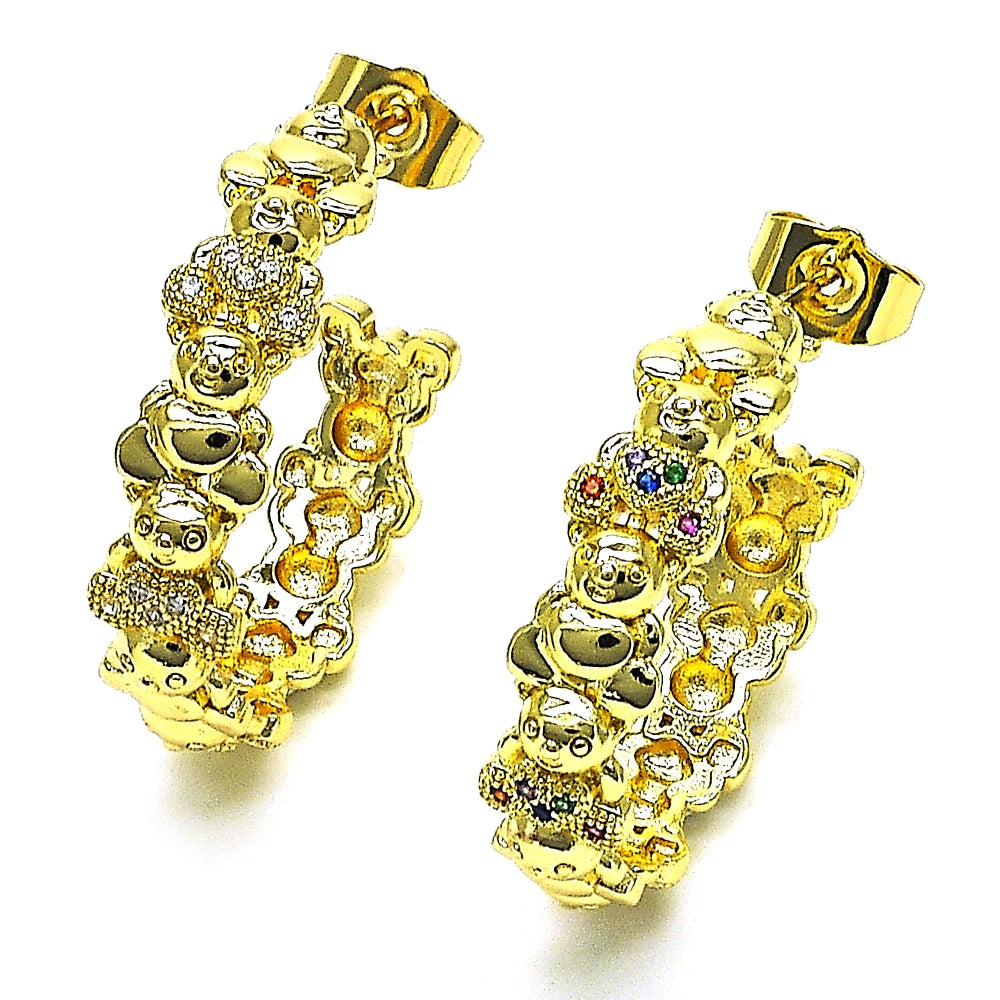 Oro Laminado Medium Hoop, Gold Filled Style Teddy Bear Design, with Multicolor Micro Pave, Polished, Golden Finish
