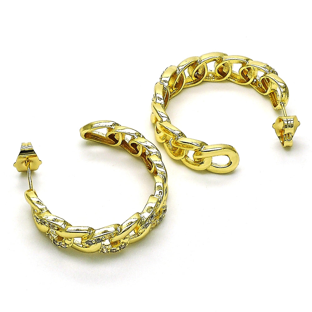 Oro Laminado Medium Hoop, Gold Filled Style Pave Cuban Design, Polished, Golden Finish