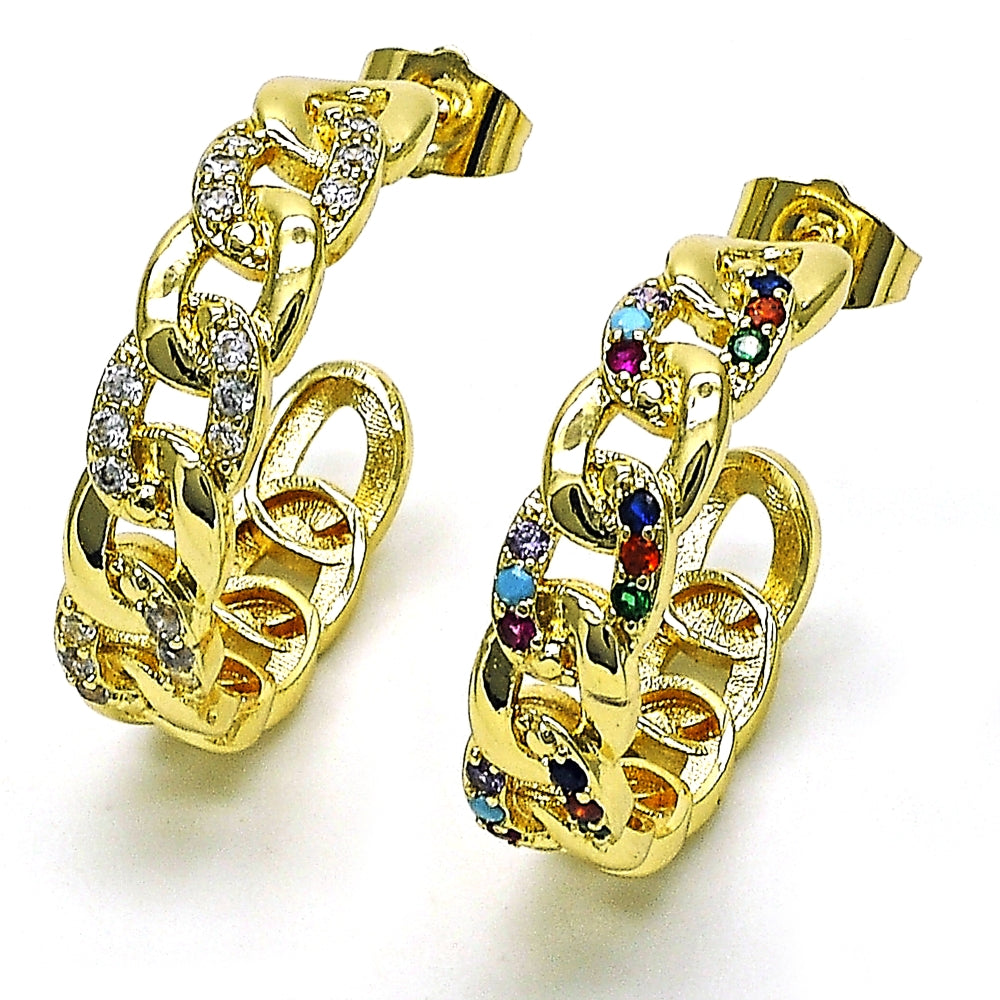 Oro Laminado Medium Hoop, Gold Filled Style Pave Cuban Design, Polished, Golden Finish