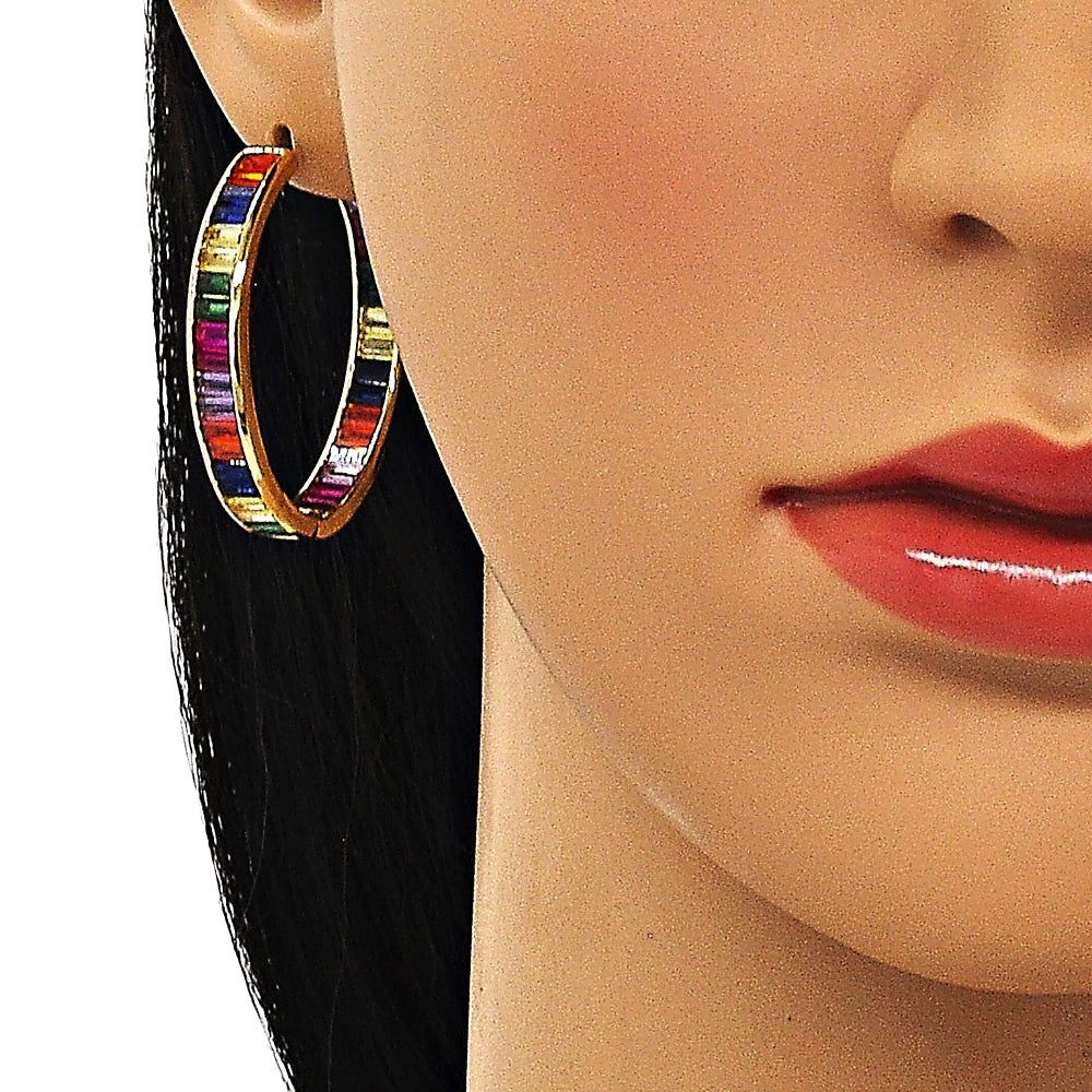 Oro Laminado Huggie Hoop, Gold Filled Style Baguette Design, with Multicolor Cubic Zirconia, Polished, Golden Finish