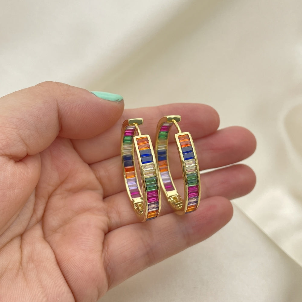 Oro Laminado Huggie Hoop, Gold Filled Style Baguette Design, with Multicolor Cubic Zirconia, Polished, Golden Finish