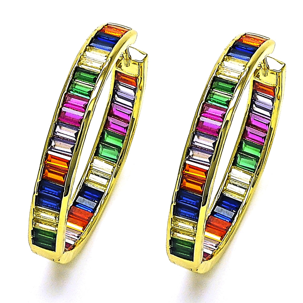 Oro Laminado Huggie Hoop, Gold Filled Style Baguette Design, with Multicolor Cubic Zirconia, Polished, Golden Finish