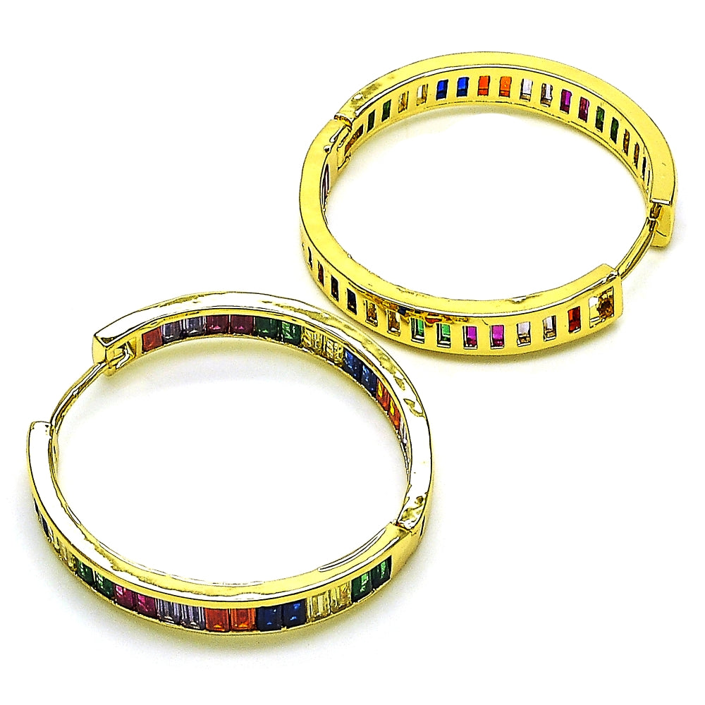 Oro Laminado Huggie Hoop, Gold Filled Style Baguette Design, with Multicolor Cubic Zirconia, Polished, Golden Finish
