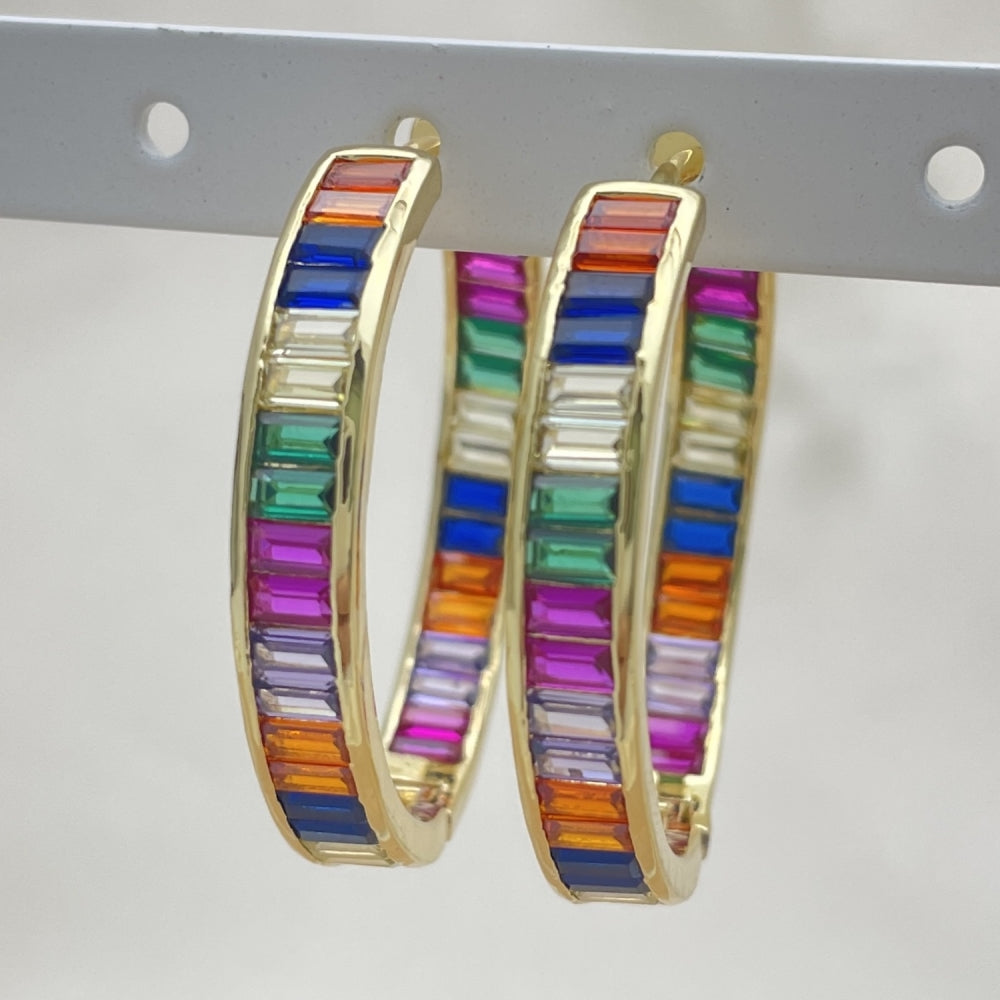 Oro Laminado Huggie Hoop, Gold Filled Style Baguette Design, with Multicolor Cubic Zirconia, Polished, Golden Finish