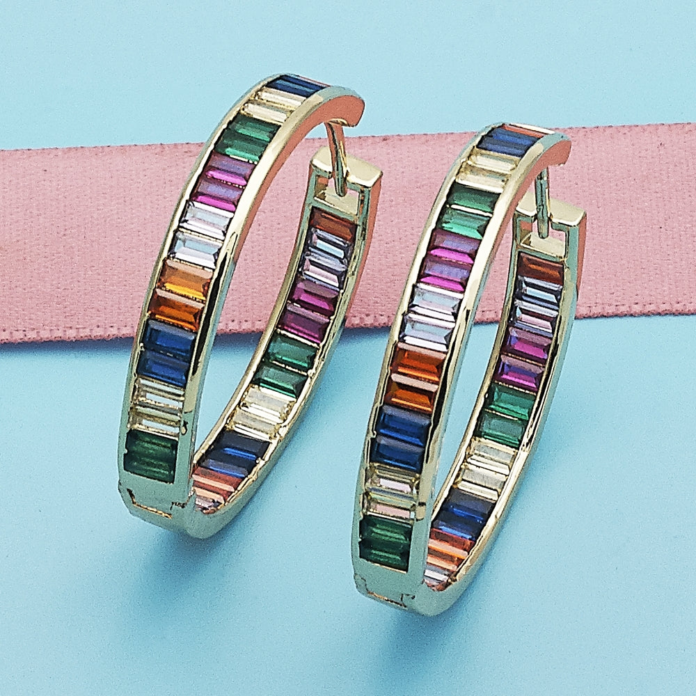 Oro Laminado Huggie Hoop, Gold Filled Style Baguette Design, with Multicolor Cubic Zirconia, Polished, Golden Finish