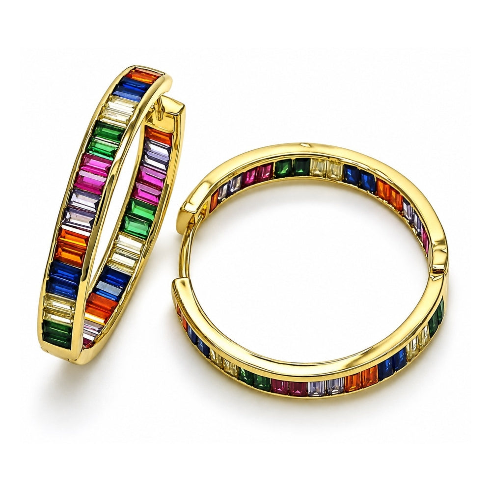 Oro Laminado Huggie Hoop, Gold Filled Style Baguette Design, with Multicolor Cubic Zirconia, Polished, Golden Finish