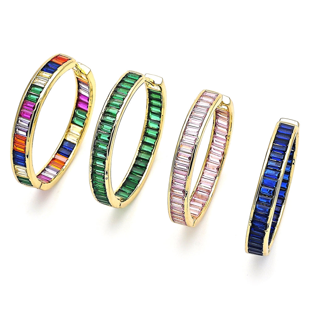 Oro Laminado Huggie Hoop, Gold Filled Style Baguette Design, with Multicolor Cubic Zirconia, Polished, Golden Finish