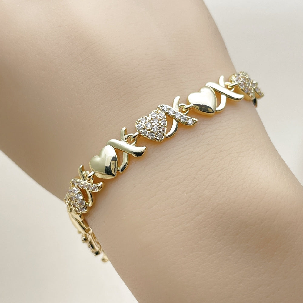 Oro Laminado Fancy Bracelet, Gold Filled Style Hugs and Kisses and Heart Design, with White Micro Pave, Polished, Golden Finish