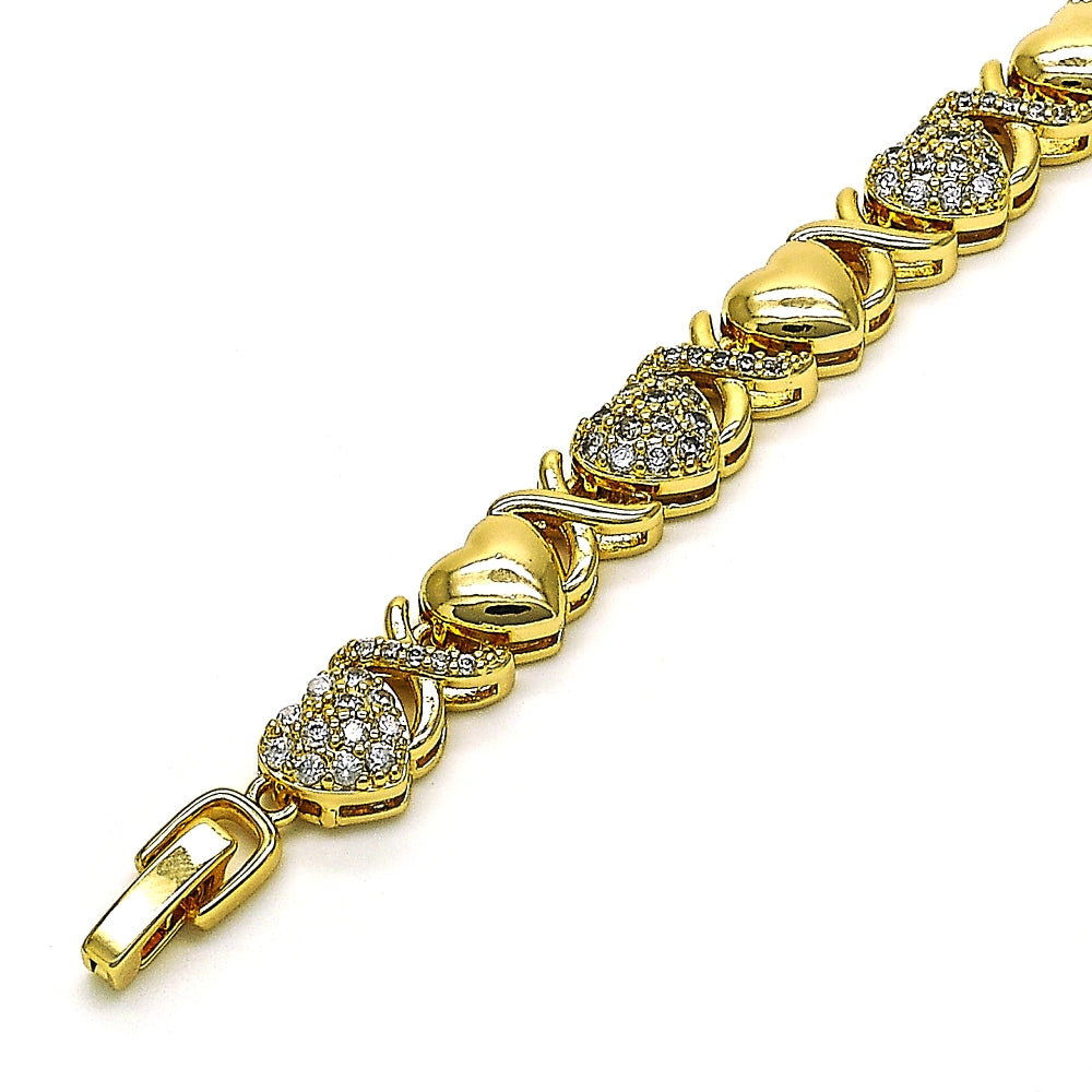 Oro Laminado Fancy Bracelet, Gold Filled Style Hugs and Kisses and Heart Design, with White Micro Pave, Polished, Golden Finish