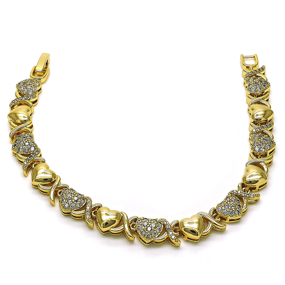 Oro Laminado Fancy Bracelet, Gold Filled Style Hugs and Kisses and Heart Design, with White Micro Pave, Polished, Golden Finish