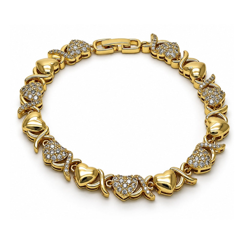 Oro Laminado Fancy Bracelet, Gold Filled Style Hugs and Kisses and Heart Design, with White Micro Pave, Polished, Golden Finish