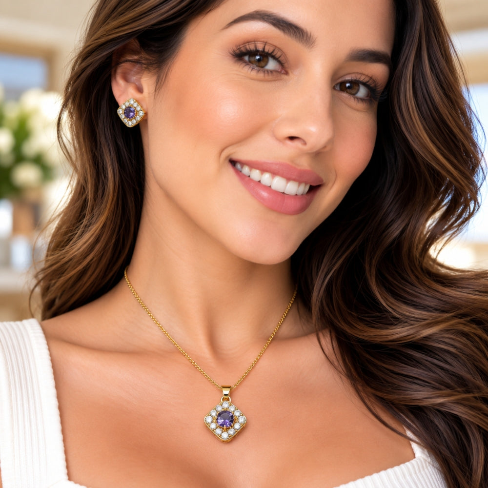 Oro Laminado Earring and Pendant Adult Set, Gold Filled Style Cluster Design, with Amethyst Cubic Zirconia and White Micro Pave, Polished, Golden Finish