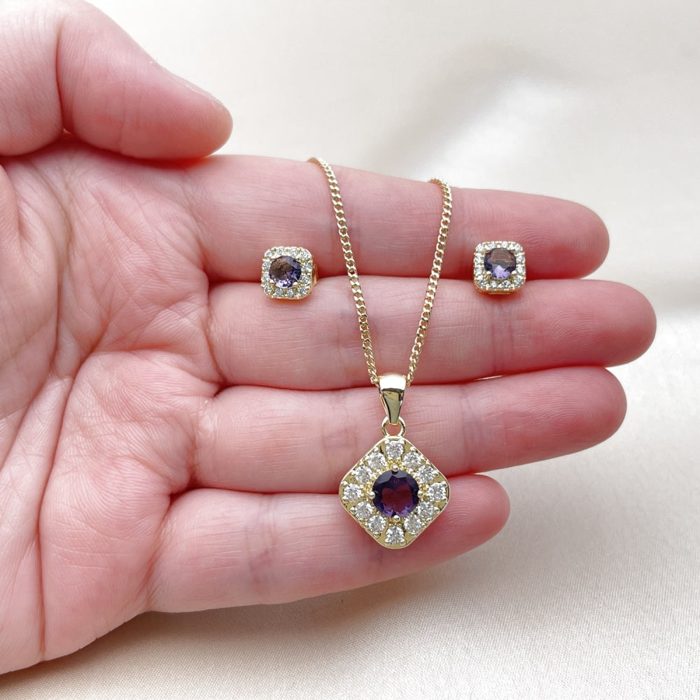 Oro Laminado Earring and Pendant Adult Set, Gold Filled Style Cluster Design, with Amethyst Cubic Zirconia and White Micro Pave, Polished, Golden Finish