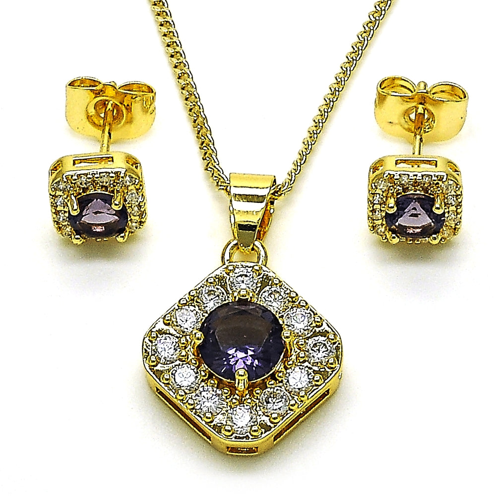 Oro Laminado Earring and Pendant Adult Set, Gold Filled Style Cluster Design, with Amethyst Cubic Zirconia and White Micro Pave, Polished, Golden Finish