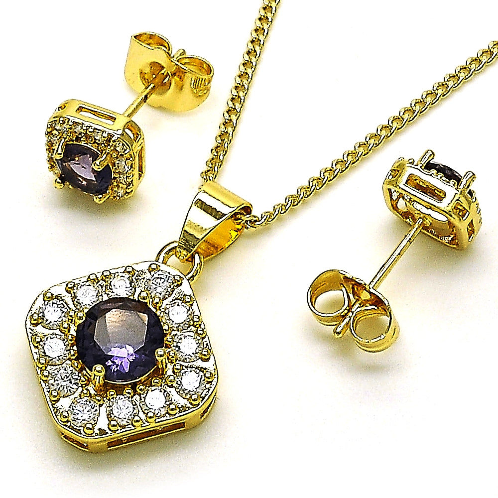 Oro Laminado Earring and Pendant Adult Set, Gold Filled Style Cluster Design, with Amethyst Cubic Zirconia and White Micro Pave, Polished, Golden Finish