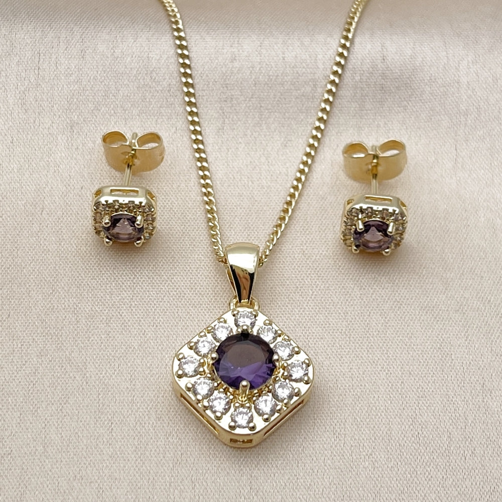 Oro Laminado Earring and Pendant Adult Set, Gold Filled Style Cluster Design, with Amethyst Cubic Zirconia and White Micro Pave, Polished, Golden Finish