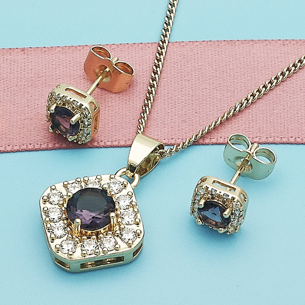 Oro Laminado Earring and Pendant Adult Set, Gold Filled Style Cluster Design, with Amethyst Cubic Zirconia and White Micro Pave, Polished, Golden Finish