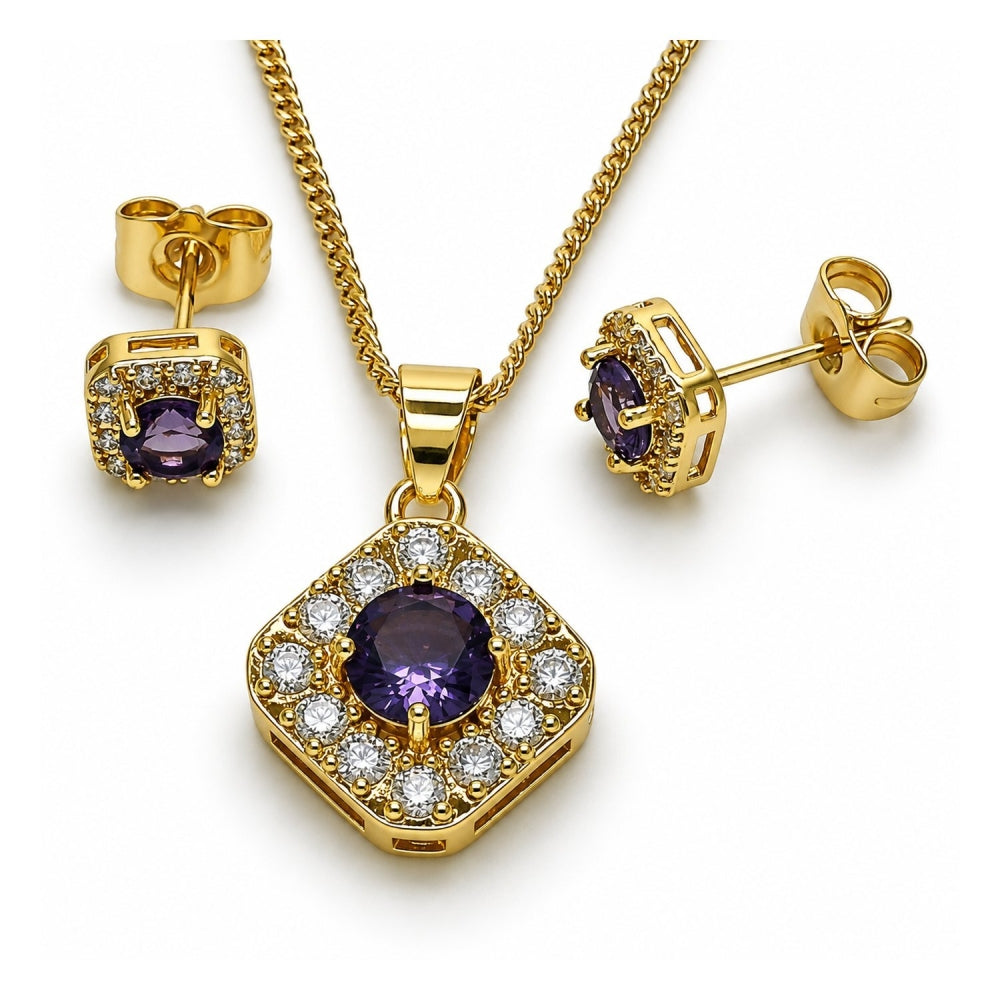 Oro Laminado Earring and Pendant Adult Set, Gold Filled Style Cluster Design, with Amethyst Cubic Zirconia and White Micro Pave, Polished, Golden Finish