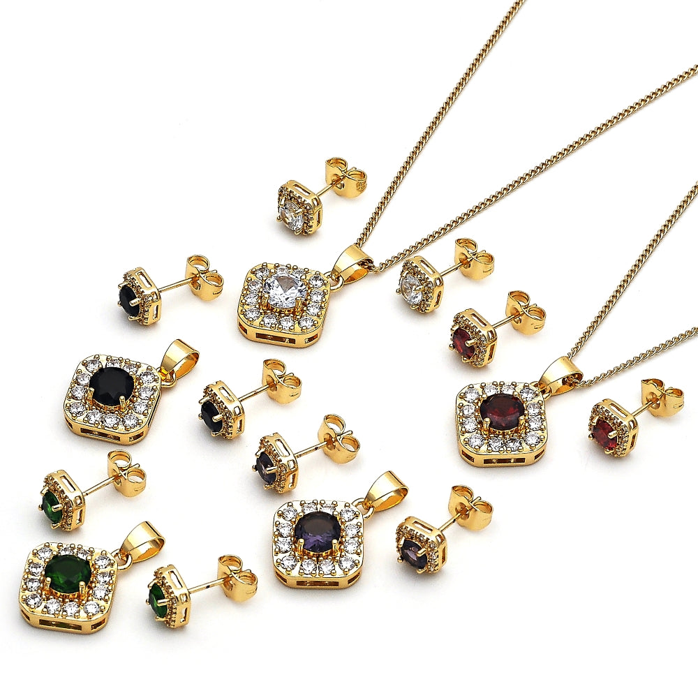 Oro Laminado Earring and Pendant Adult Set, Gold Filled Style Cluster Design, with Amethyst Cubic Zirconia and White Micro Pave, Polished, Golden Finish