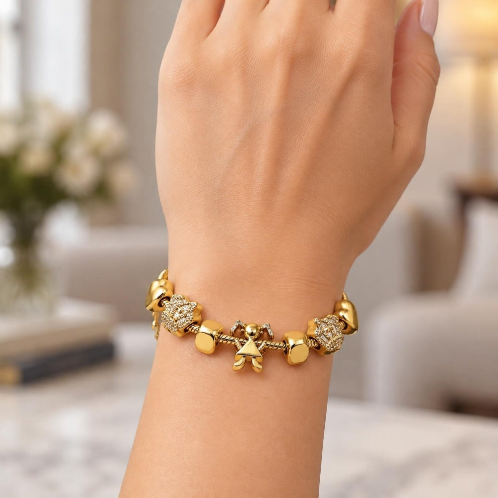 Oro Laminado Fancy Bracelet, Gold Filled Style Little Girl and Crown Design, Polished, Golden Finish