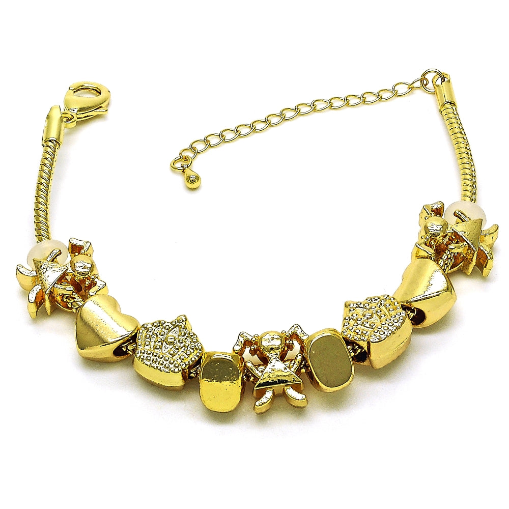 Oro Laminado Fancy Bracelet, Gold Filled Style Little Girl and Crown Design, Polished, Golden Finish