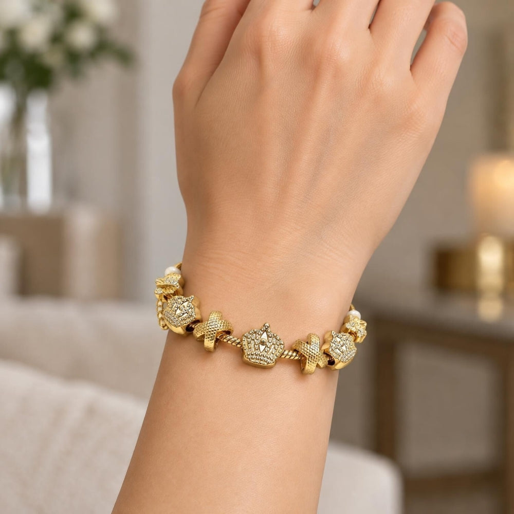 Oro Laminado Fancy Bracelet, Gold Filled Style Crown and Little Girl Design, Polished, Golden Finish