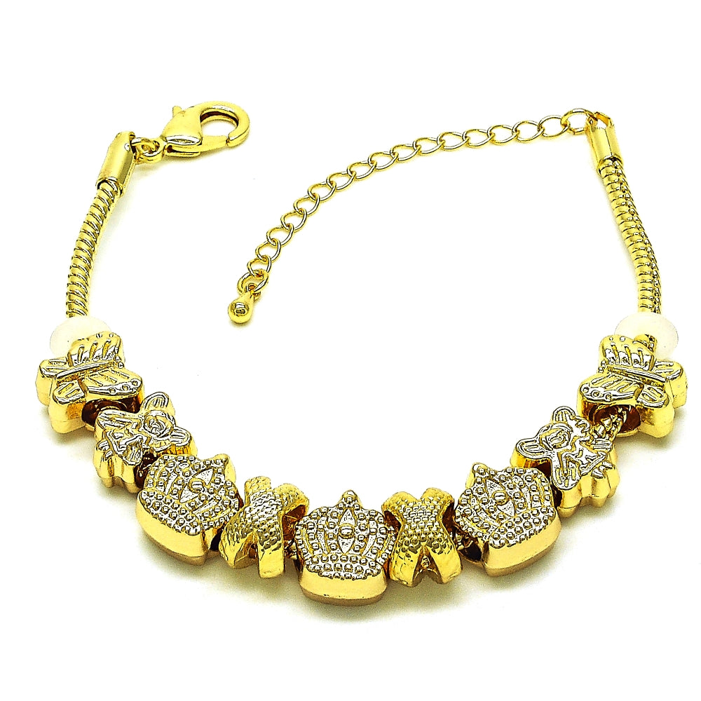 Oro Laminado Fancy Bracelet, Gold Filled Style Crown and Little Girl Design, Polished, Golden Finish