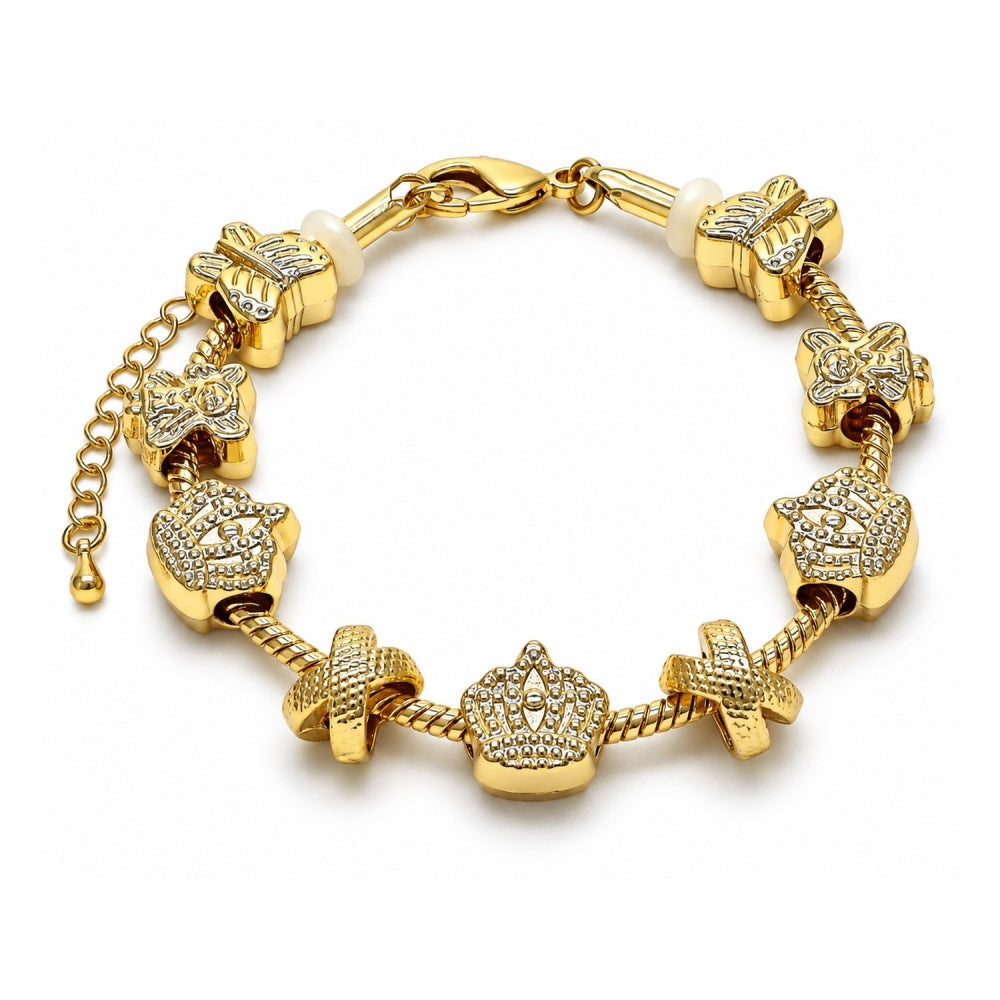 Oro Laminado Fancy Bracelet, Gold Filled Style Crown and Little Girl Design, Polished, Golden Finish