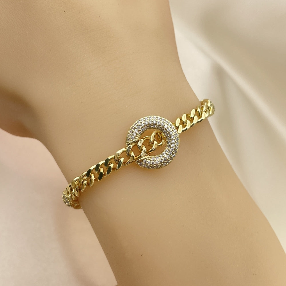 Oro Laminado Fancy Bracelet, Gold Filled Style Miami Cuban Design, with White Micro Pave, Polished, Golden Finish