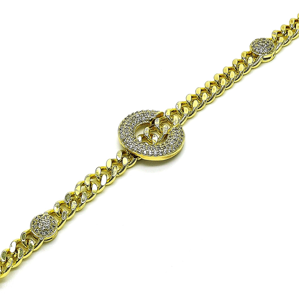 Oro Laminado Fancy Bracelet, Gold Filled Style Miami Cuban Design, with White Micro Pave, Polished, Golden Finish